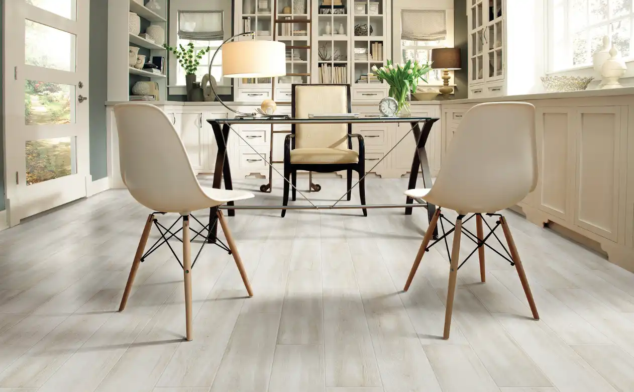 wood look tile flooring light wood in office space with cream tones